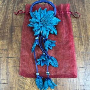EUC Well Charmed Leather Blue Flower & Leaves Purse Charm with Snap Closure